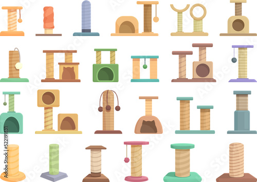 Cats scratching post icons set cartoon vector. Tree tower. Play furniture