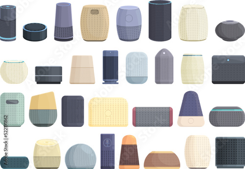 Smart assistant icons set cartoon vector. Smart voice. Speaker digital