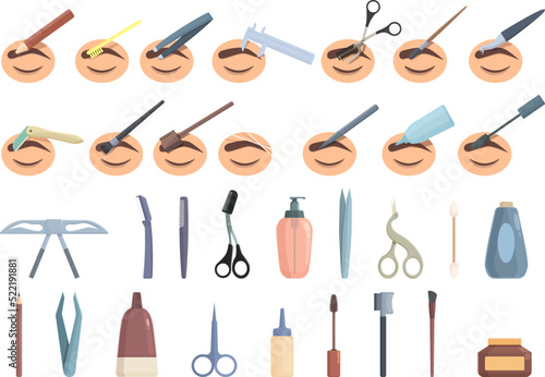 Eyebrow correction icons set cartoon vector. Beauty brow. Body brush