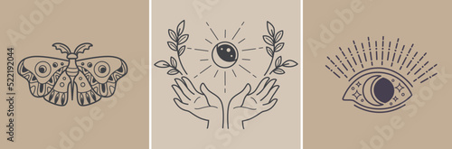 Magic symbols, moth and crescent moon in hands