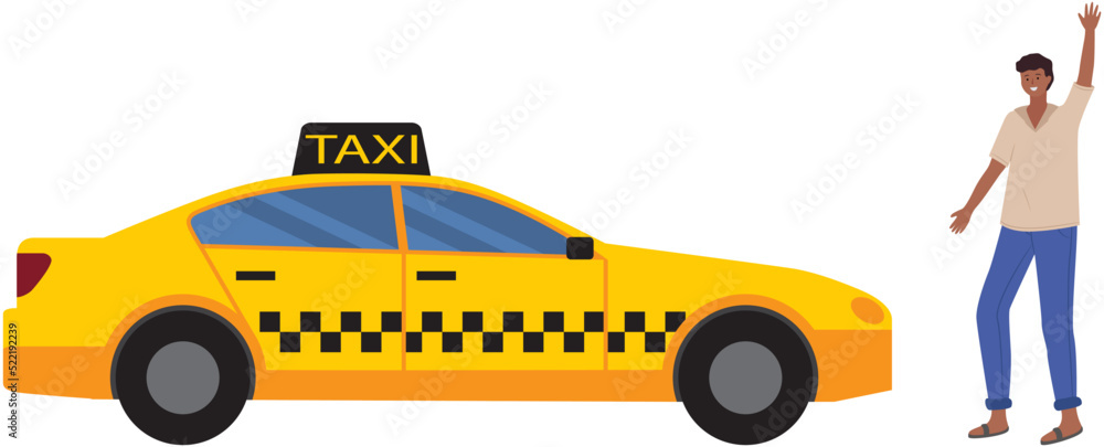 Young man hailing taxi cab. Guy trying to catch taxi car in sity street standing isolated on white. Urban vehicle service. Male character rent automobile with driver, uses services of hired transport - obrazy, fototapety, plakaty 