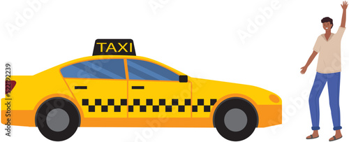 Young man hailing taxi cab. Guy trying to catch taxi car in sity street standing isolated on white. Urban vehicle service. Male character rent automobile with driver, uses services of hired transport