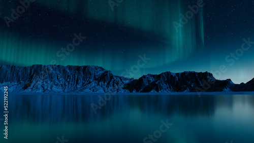 Magical Sky with Aurora and Stars. Blue Northern Lights Background with copy-space.