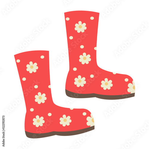 rubber boots in red with daisy flowers. Vector. Waterproof shoes for rainy weather, gardening, fishing. Cartoon colorful illustration. The symbol of autumn