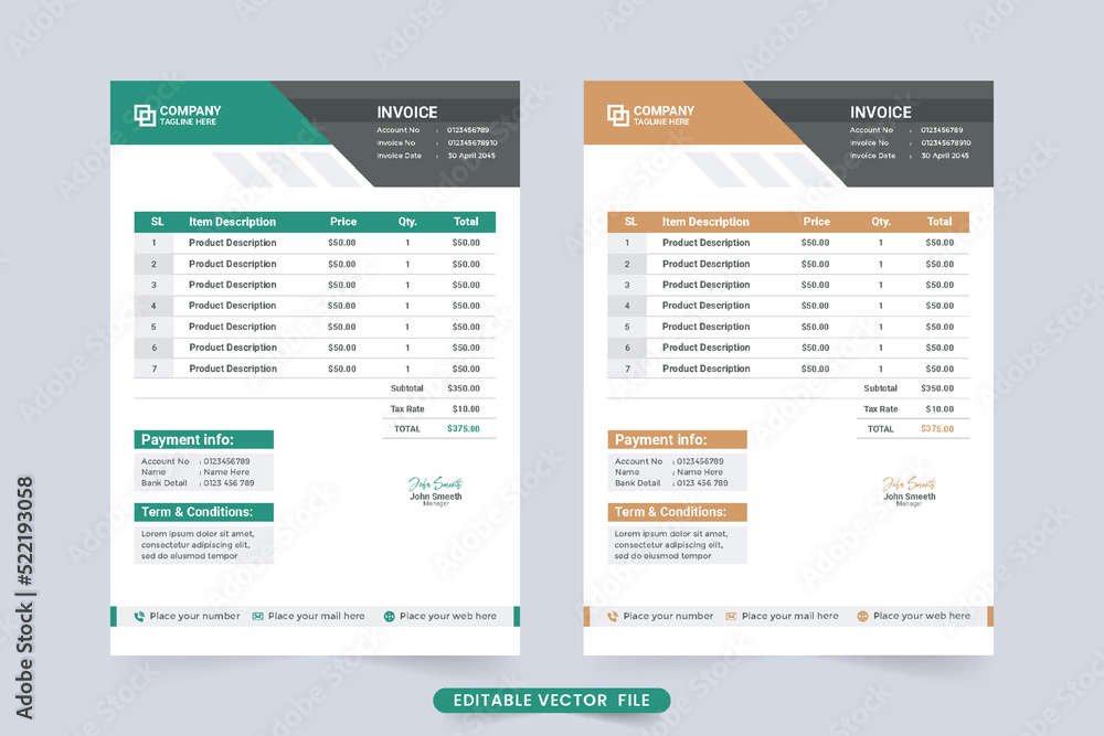 Payment agreement and invoice bill template vector. Corporate invoice decoration with orange and green shades. Business invoice template design with billing and payment agreement section. Payment agreement and invoice bill template vector. Corporate invoice decoration with orange and green shades. Business invoice template design with billing and payment agreement section.