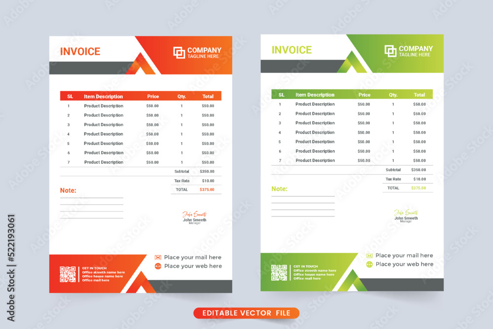 Corporate business invoice template vector with red and green color shade. Product purchase info tracker with payment agreement and invoice bill template. Cash receipt and payment bill invoice vector. Corporate business invoice template vector with red and green color shade. Product purchase info tracker with payment agreement and invoice bill template. Cash receipt and payment bill invoice vector.