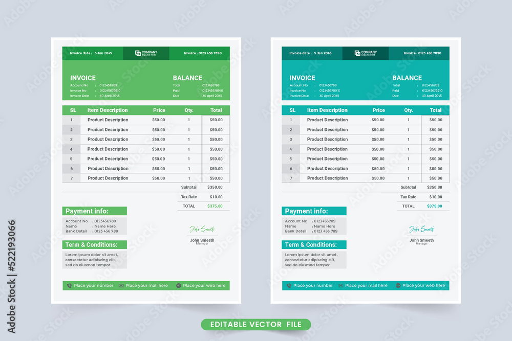 Business invoice decoration element vector. Price receipt and payment agreement template. Order Register and invoice bill template with green and blue colors. Creative invoice template design.