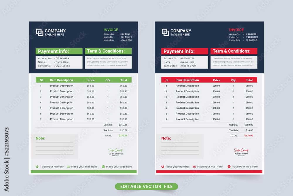 Creative invoice template design with green and red colors. Business order billing paper vector with payment agreement section. Payment receipt and invoice bill template vector with modern shapes.