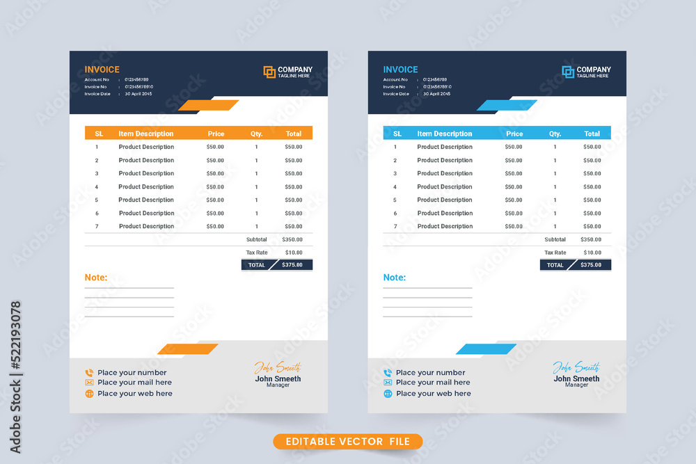 Modern business invoice template decoration with blue and yellow colors. Product information and price receipt design. Minimal invoice template and cash receipt vector for corporate business.