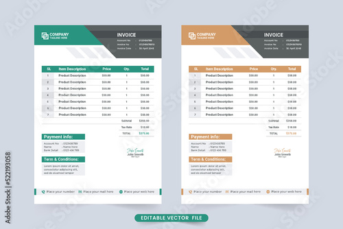 Payment agreement and invoice bill template vector. Corporate invoice decoration with orange and green shades. Business invoice template design with billing and payment agreement section.