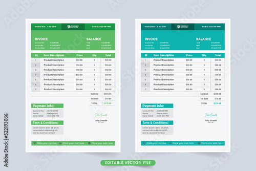 Business invoice decoration element vector. Price receipt and payment agreement template. Order Register and invoice bill template with green and blue colors. Creative invoice template design.