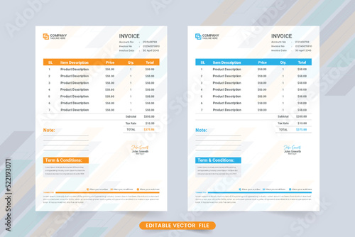 Invoice Template vector with yellow and blue colors. Corporate business billing paper and cash receipt design. Payment agreement and invoice bill template vector. Product purchase receipt design.