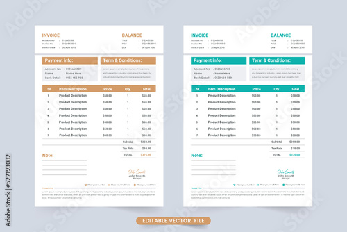 Corporate invoice template with brown and blue color vector. Cash receipt and billing paper decoration with modern shapes. Product buy and selling info tracker and payment agreement paper for business