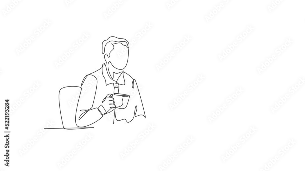 Animated self drawing of one continuous line draw young happy manager thinking about business idea while take a drink at coffee shop. Drinking coffee or tea concept full length single line animation. Animated self drawing of one continuous line draw young happy manager thinking about business idea while take a drink at coffee shop. Drinking coffee or tea concept full length single line animation.