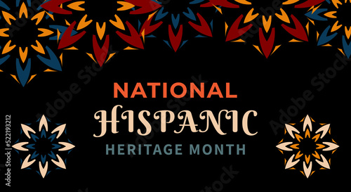 Hispanic heritage month. Abstract floral ornament background design, retro style with text, flowers photo