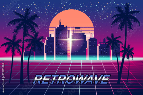 Retrowave banner vaporwave aesthetic background. Futuristic city palms grid 3d, sunset 80 s Synthwave
