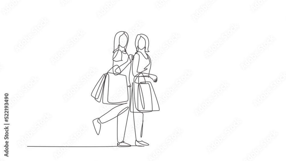 Animated self drawing of single continuous line draw group of beauty women holding paper bags while shopping together at mall. Business retail shopping concept. Full length one line animation. Animated self drawing of single continuous line draw group of beauty women holding paper bags while shopping together at mall. Business retail shopping concept. Full length one line animation.
