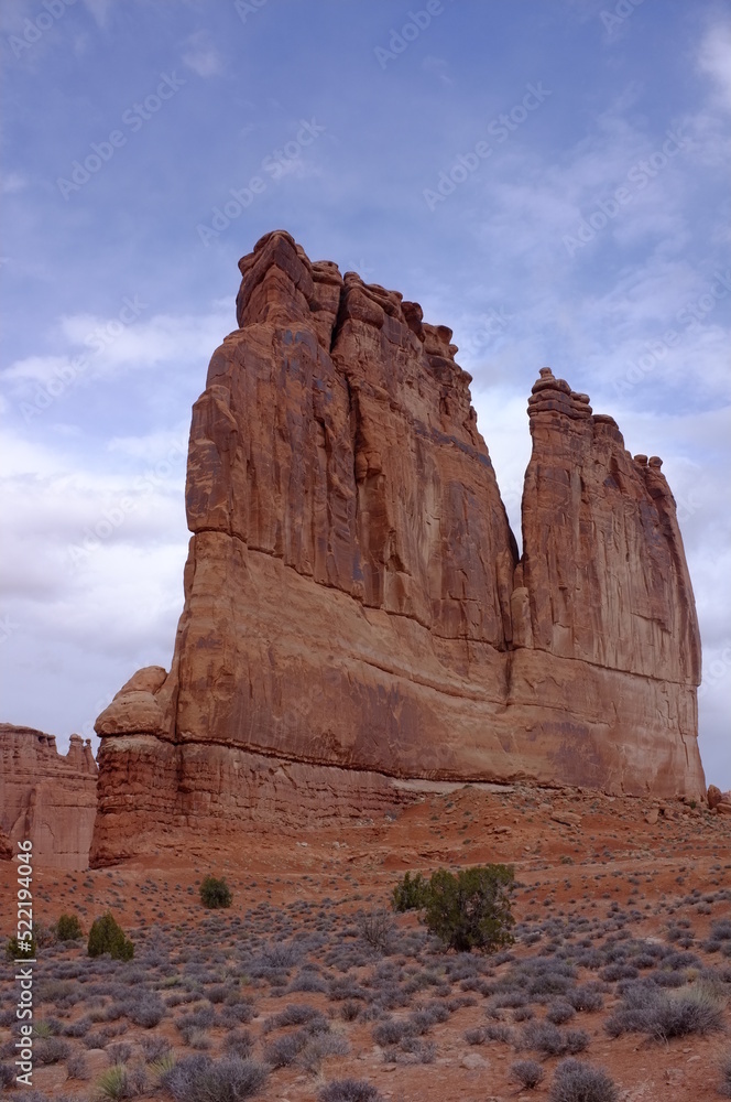 Photo of The Organ within Courthouse Towers cluster in Arches National Park located in Moab, Utah, United States USA done in works project administration style.
