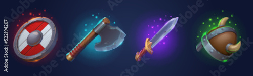 Viking game props icons, medieval battle axe, horned helmet, sword and round shield. Scandinavian nordic warrior weapon and armor, isolated ui rpg game design elements, assets Cartoon vector items set
