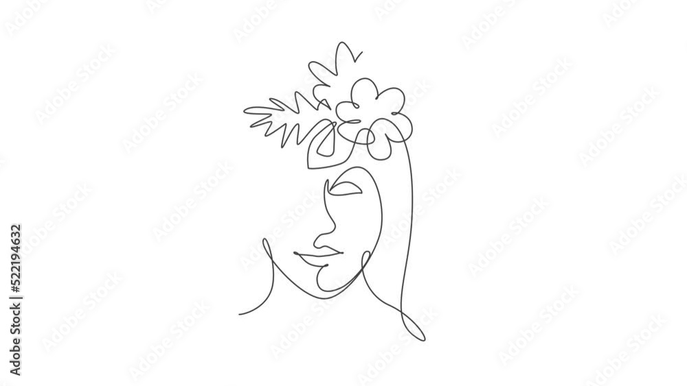 Animation of one line drawing beauty abstract face with natural flowers. Woman portrait minimalistic style concept for wall art decor print. Continuous line self draw animated. Full length motion. Animation of one line drawing beauty abstract face with natural flowers. Woman portrait minimalistic style concept for wall art decor print. Continuous line self draw animated. Full length motion.