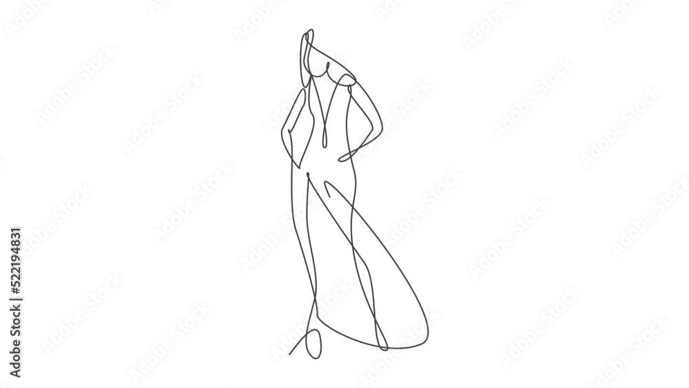 Animated self drawing of continuous line draw minimalistic pretty sexy abstract body woman for cosmetic, t-shirt, fashion. Beauty female portrait concept. Full length one line animation illustration. Animated self drawing of continuous line draw minimalistic pretty sexy abstract body woman for cosmetic, t-shirt, fashion. Beauty female portrait concept. Full length one line animation illustration.