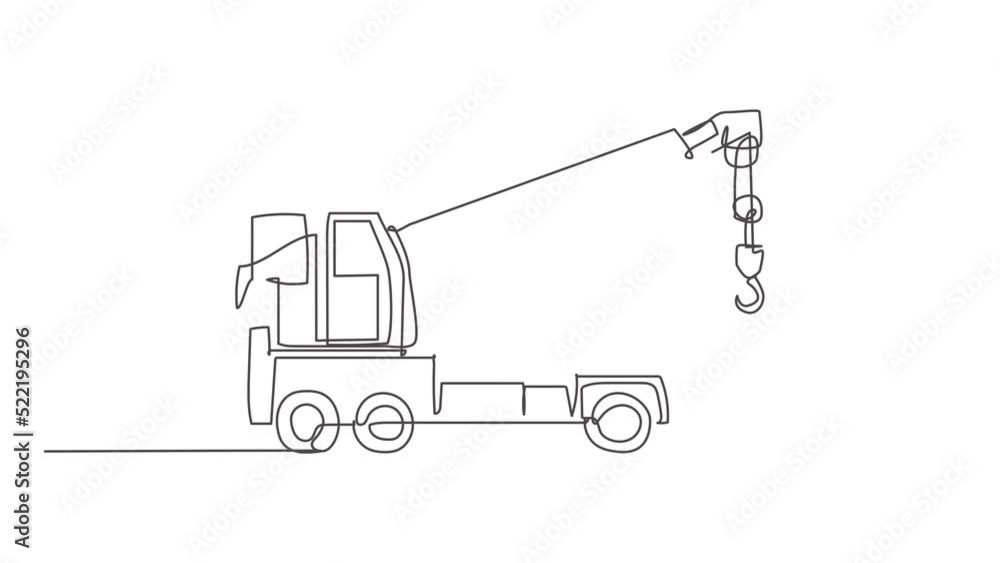 Animated self drawing of continuous line draw crane truck for building construction, business commercial vehicles. Heavy transportation machines equipment concept. Full length one line animation. Animated self drawing of continuous line draw crane truck for building construction, business commercial vehicles. Heavy transportation machines equipment concept. Full length one line animation.