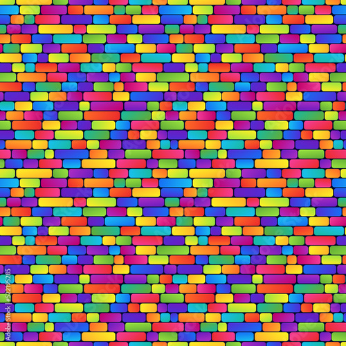 Geometric Bright Rainbow Seamless Pattern of Mix of Colorful Asymmetric Bricks on Dark Backdrop.