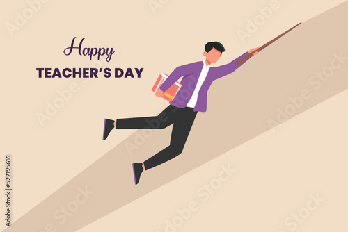 Male teacher with pointer and book flying to the class. Happy teacher's day. International teacher's day concept. Vector illustration.