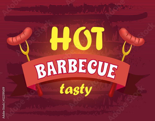 BBQ party logo template, emblem for cafe, restaurant or food delivery service. Grilled food advertising lettering. Barbeque, picnic with grill label design, circle tag or sticker hot barbecue