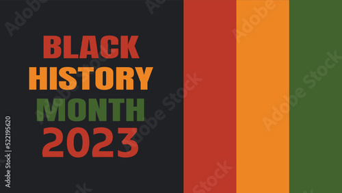 Black History Month 2023 - African American heritage celebration in USA. Vector illustration with text, flag stripes in traditional African colors - green, red, yellow on black background. Greeting photo