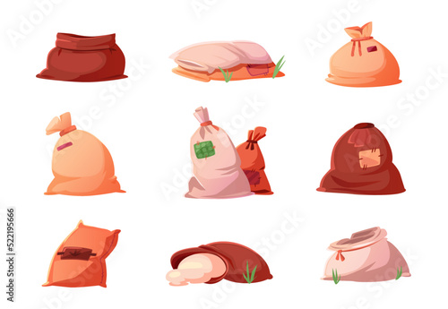 Bags and sacks with grain, flour, rice, cereal or salt isolated set. Farm production in brown textile bales, closed and open burlap packs on white background, Cartoon vector illustration, icons