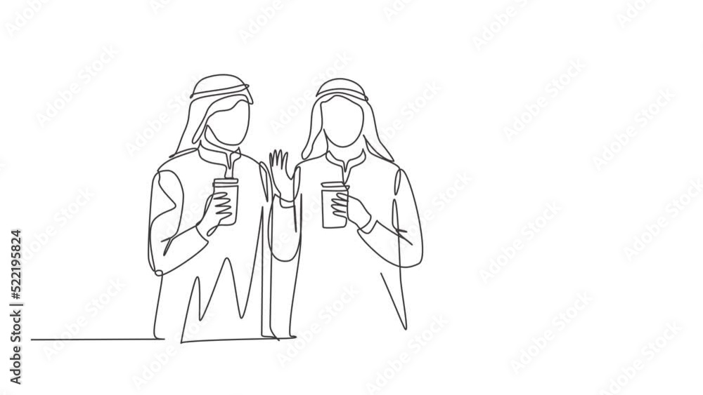 Animation of one line drawing of walking together with friends holding a paper cups of coffee. Arab middle east female cloth hijab and veil. Continuous line self draw animated. Full length motion. Animation of one line drawing of walking together with friends holding a paper cups of coffee. Arab middle east female cloth hijab and veil. Continuous line self draw animated. Full length motion.