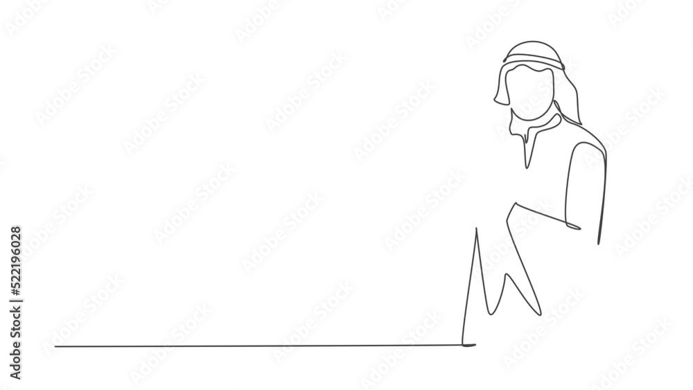 Animation of one line drawing of businessman thinking about business ideas while holding cup of coffee. Islamic clothing shemag, kandura, scarf. Continuous line self draw animated. Full length motion. Animation of one line drawing of businessman thinking about business ideas while holding cup of coffee. Islamic clothing shemag, kandura, scarf. Continuous line self draw animated. Full length motion.