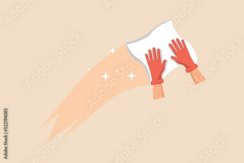 Janitor wipes the surface with a napkin. Cleaning service concept. Colored flat graphic vector illustration isolated.