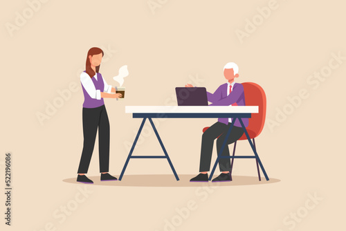 Office girl deliver a cup of coffee for the boss. Cleaning service concept. Colored flat graphic vector illustration isolated.