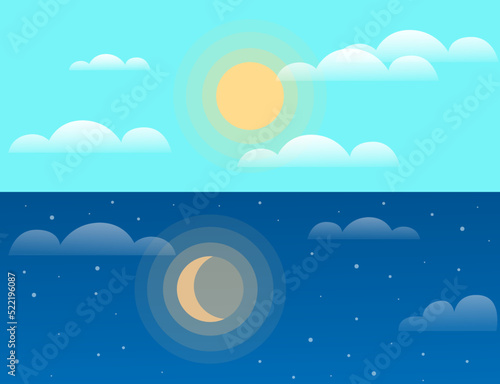 Day and night sky illustration with sun, clouds, moon and stars. Weather and change of light during day horizontal banner with different times of day, dark and light, blue morning and evening
