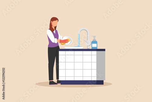 Girl washing dishes in office. Cleaning service concept. Colored flat graphic vector illustration isolated.