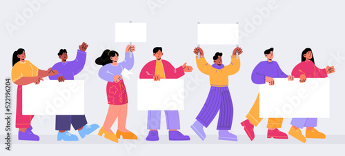 Rally, protest concept, people with placards and banners on rally demonstration or strike. activists holding signs fighting for their rights, crowd picketing on riot, Line art flat vector illustration