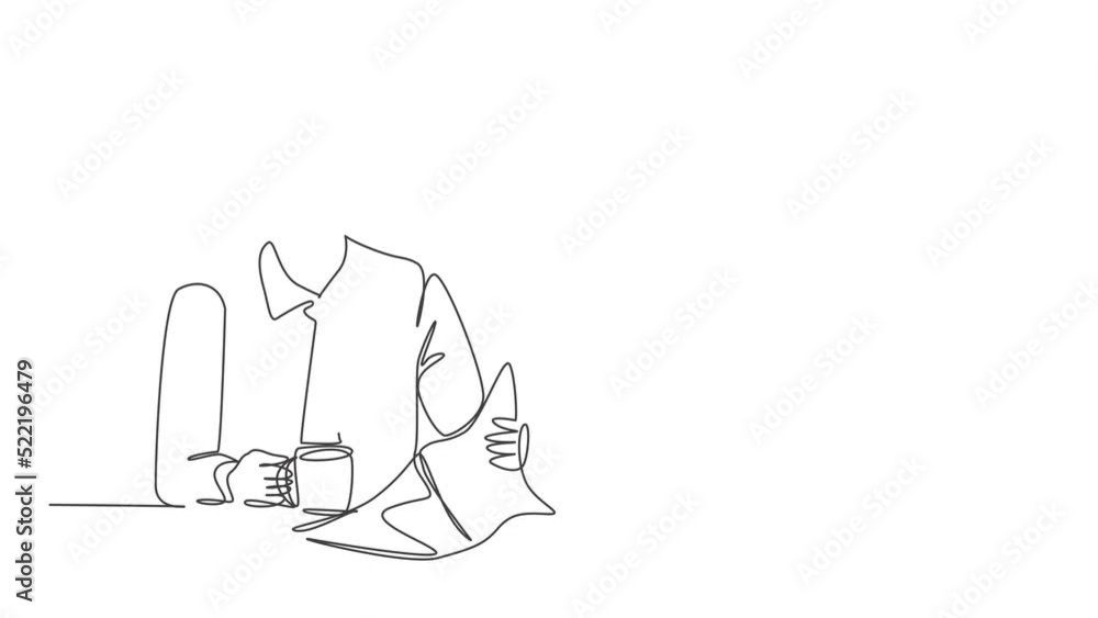 Animation of one line drawing of happy attractive worker holding coffee mug while reading a newspaper at office. Drinking coffee or tea concept continuous line self draw animated. Full length motion. Animation of one line drawing of happy attractive worker holding coffee mug while reading a newspaper at office. Drinking coffee or tea concept continuous line self draw animated. Full length motion.