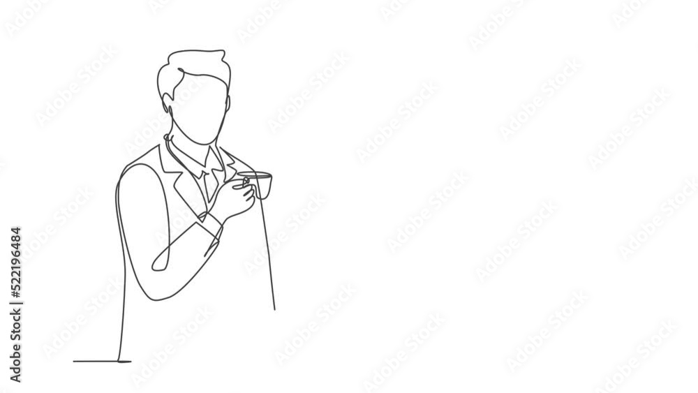 Animated self drawing of continuous line draw happy businessman standing while holding a cup of good taste hot black dark coffee at office break. Drinking tea concept full length one line animation. Animated self drawing of continuous line draw happy businessman standing while holding a cup of good taste hot black dark coffee at office break. Drinking tea concept full length one line animation.
