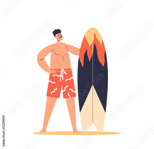Young man with surfboard. Guy in shorts holding surf board. Male surfer enjoy summer activity