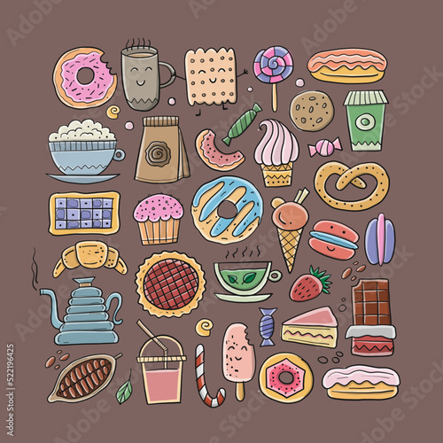 Coffee shop menu elements. Desserts and sweets. Hand drawn sketch for your design