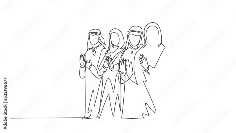 Animated self drawing of continuous line draw male and female muslim business comunity clapping hands after presentation. Islamic clothing kandura, hijab, keffiyeh. Full length single line animation. Animated self drawing of continuous line draw male and female muslim business comunity clapping hands after presentation. Islamic clothing kandura, hijab, keffiyeh. Full length single line animation.