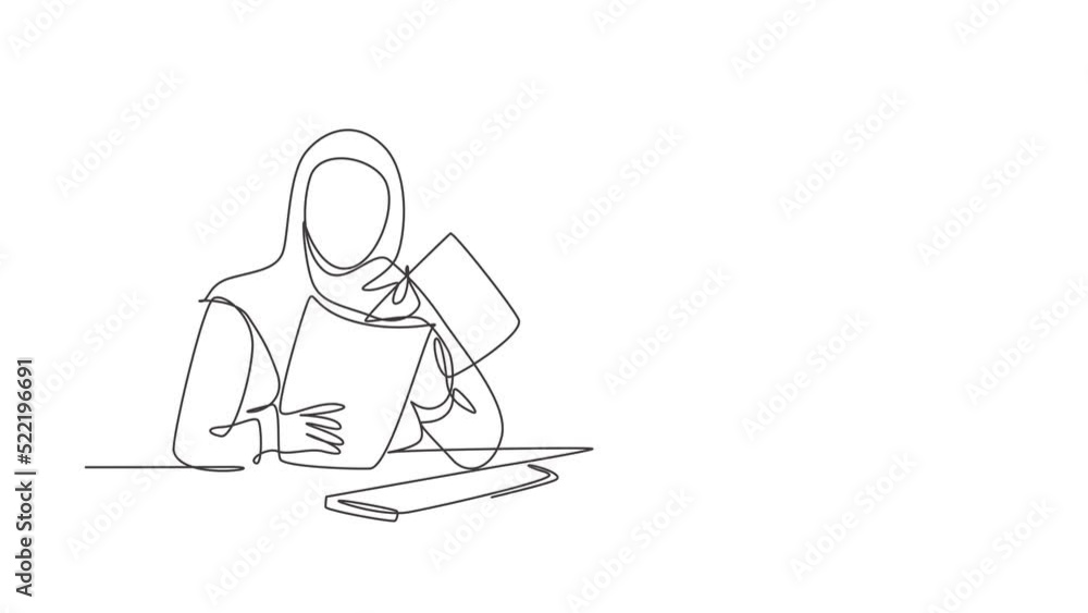 Animated self drawing of continuous line draw young female muslim businesswoman prepare documents for presentation to investors. Arab middle east cloth hijab and veil. Full length one line animation. Animated self drawing of continuous line draw young female muslim businesswoman prepare documents for presentation to investors. Arab middle east cloth hijab and veil. Full length one line animation.