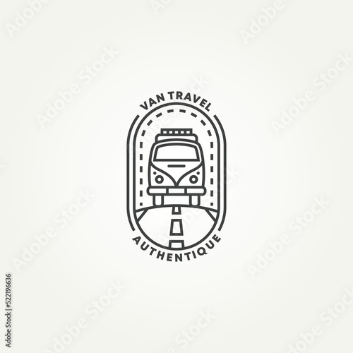 minimalist travel van driving on the road line art badge logo template vector illustration design. simple recreational vehicle or adventure and camper trailer logo concept