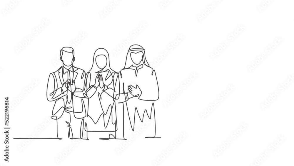 Animated self drawing of continuous line draw businessmen and businesswomen line up together while clapping hands. Islamic clothing shemag, hijab, scarf, keffiyeh. Full length single line animation. Animated self drawing of continuous line draw businessmen and businesswomen line up together while clapping hands. Islamic clothing shemag, hijab, scarf, keffiyeh. Full length single line animation.