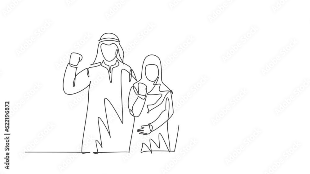 Animation of one line drawing of male and female muslim employees raising hands to celebrate job promotion. Saudi Arabia cloth headscarf, hijab. Continuous line self draw animated. Full length motion. Animation of one line drawing of male and female muslim employees raising hands to celebrate job promotion. Saudi Arabia cloth headscarf, hijab. Continuous line self draw animated. Full length motion.