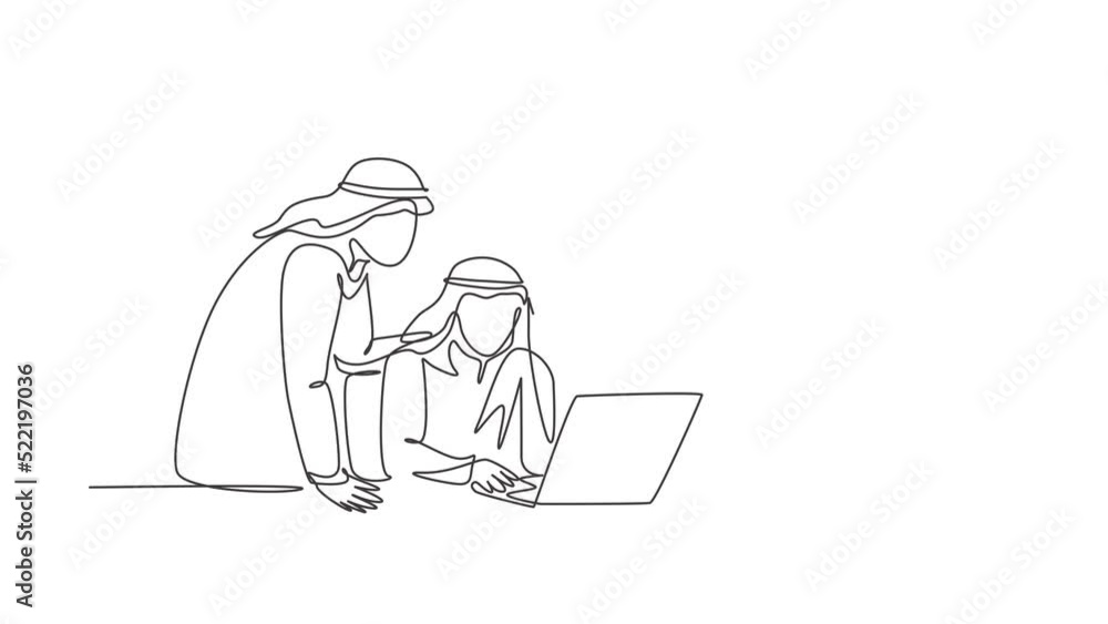 Animation of one line drawing of muslim business community discussing social project. Saudi Arabia cloth shmag, headscarf, ghutra, hijab, veil. Continuous line self draw animated. Full length motion. Animation of one line drawing of muslim business community discussing social project. Saudi Arabia cloth shmag, headscarf, ghutra, hijab, veil. Continuous line self draw animated. Full length motion.