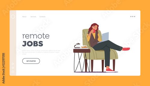 Remote Jobs Landing Page Template. Freelance Work Distant. Woman Freelancer Sitting in Comfortable Armchair with Coffee