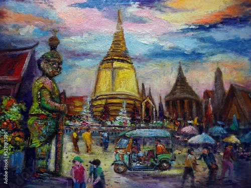 Canvas Print art oil painting Grand Palace bangkok Thailand , Ramayana story  , Wat phra k